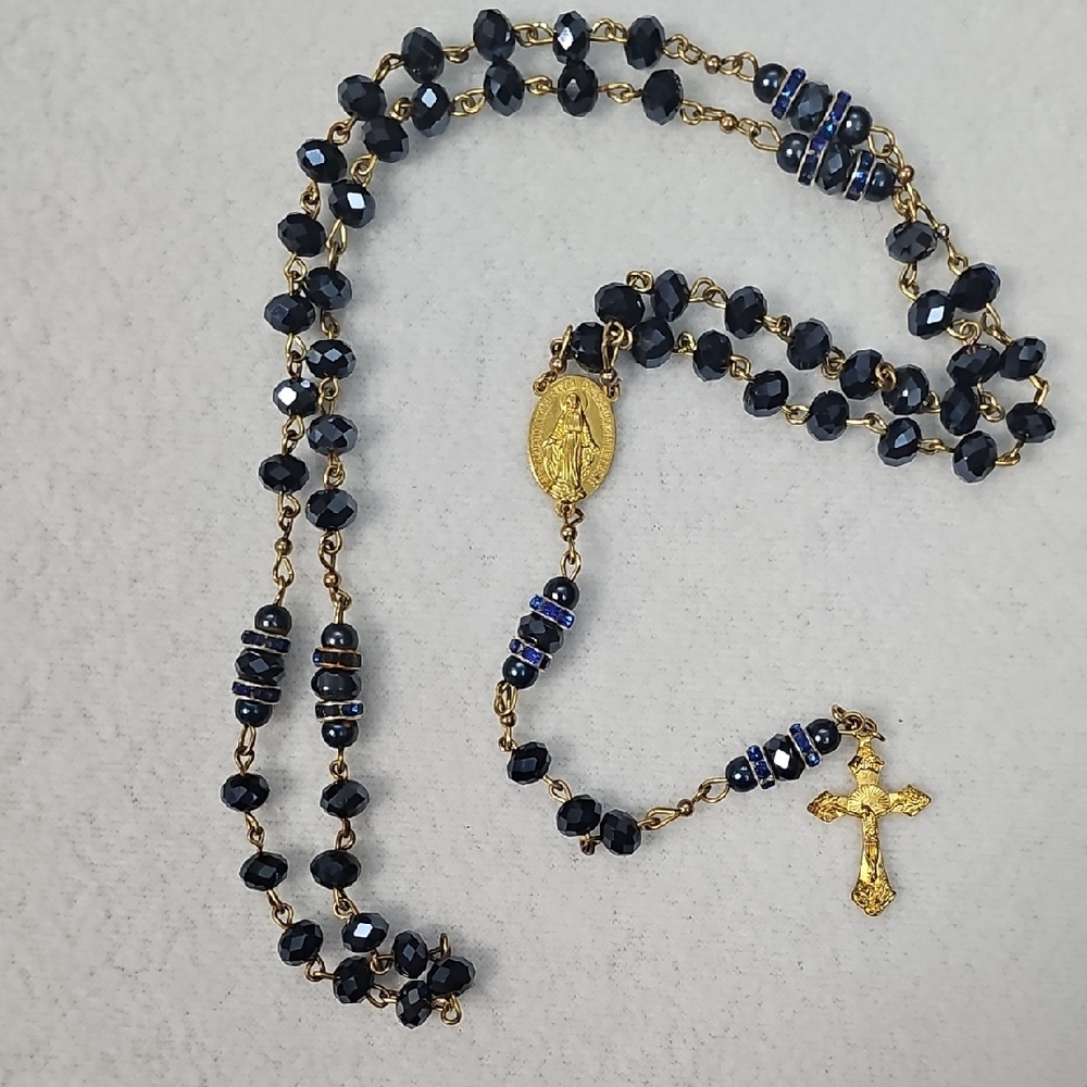 Gold Cross Rosary Necklace with Dark Blue Beads